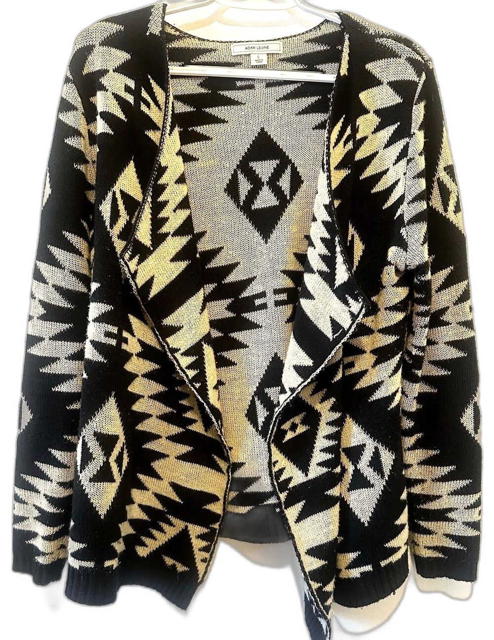 Adam Levine Aztec Open Front Cardigan Sweater Black Beige Southwestern Knit L